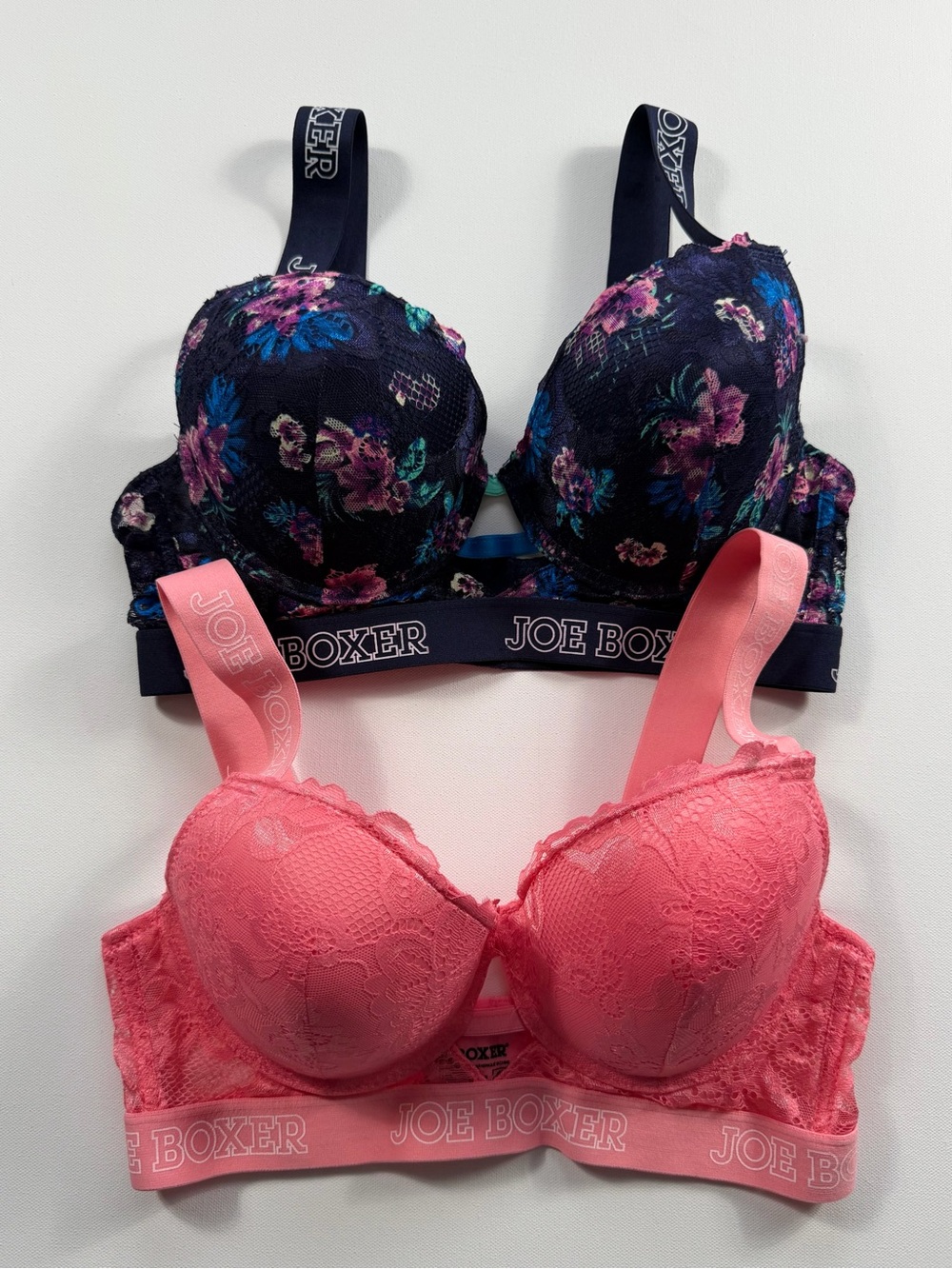 Joe Boxer 2 Pack Lace Push Up Bras 36D Floral Navy Coral Pink Logo Straps
